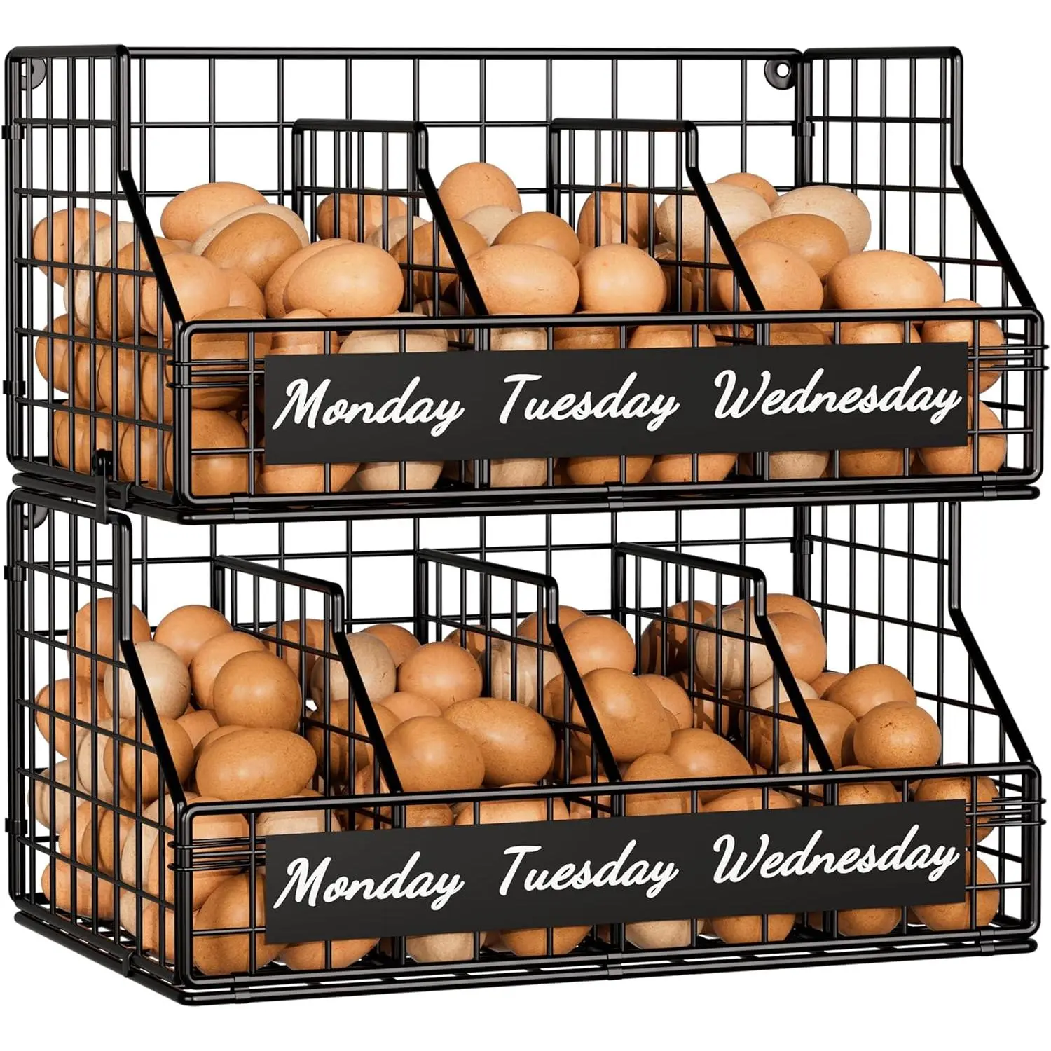 Egg Holder Countertop with 5 Dividers & Labels, 2 Tier Stackable Chicken Egg Baskets for Gathering Fresh Eggs, Egg Organizer for Countertop/Wall-Mounted, Black