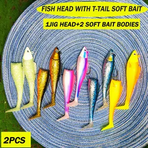 2-Pack Saltwater Fishing Lure Hooks, Soft Tail Bass Baits, Curved Blade T-Tail Design, Ideal for Boat Fishing, Sea Bass & Squid