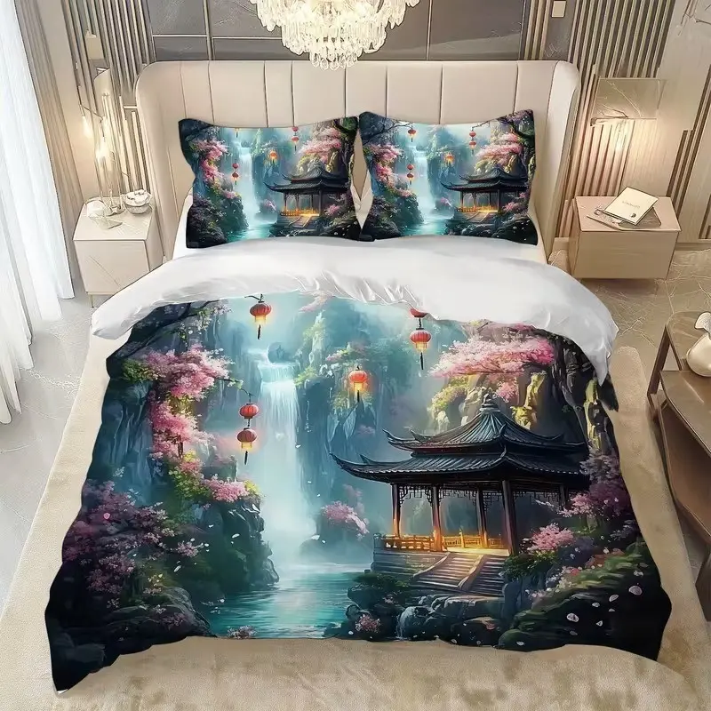 Peaceful Garden Decorative Bedding Set, Includes 1 Fitted Sheet and 2 Pillowcases, Waterfall Design, Traditional Chinese Pavilion, Sakura & Lanterns