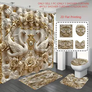 1pc/4pcs, bathroom set, shower curtains, bathroom decor, bathroom rug, bathroom mat, Bathroom Accessory, Swan Pattern, with 12 hooks, Bathroom Decoration Accessories