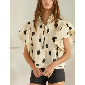 Women Boho Floral Peplum Shirt Flutter Sleeve Ruffle Babyboll Tops V Neck Patchwork Going Out Blouse Top