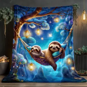 Sloths in Forest HD Printed Flannel Blanket - Ultra-Soft & Warm  Magical Nighttime Sloth Design with Glowing Lanterns & Lush Forest - All-Season Cozy Throw Gift for Adults, Teens, Nature Lovers - Durable -Pilling Flannel Fabric, Throws