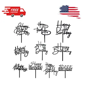 10 PCS Black Happy Birthday Cake Topper Acrylic Cupcake