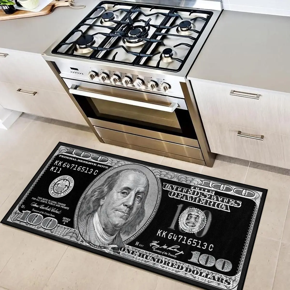 Kitchen Area Rug with Dollar Bill Design, Soft Low Pile Non-Slip Mat for Kitchen and Home, Unique Home Decor, Home Decorative Rug, Low Pile Rugs, Kitchen Floor Mat