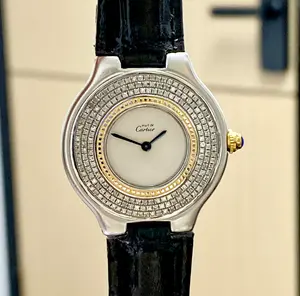 Cartier Must 21 Vintage 31mm Quartz - White Dial, Leather Strap, Two-Tone & Diamond-Set Caseback Ladies Watch MWT000605