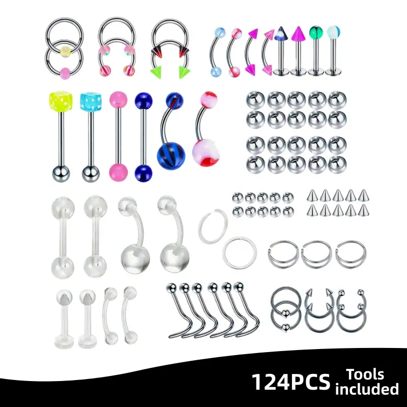 124pcs Mixed-pack Kits For All Body  Stainless Steel 14g 16g 20g And With Tools Nose Septum Lip EarBelly Button Cartilage Tragus