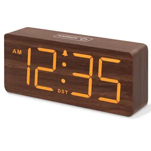 Wooden Digital Alarm Clock for Bedroom, Desk Clock for Living Room with Large Numbers, Dimmer, Loud Alarm for Heavy Sleepers with Volume Control