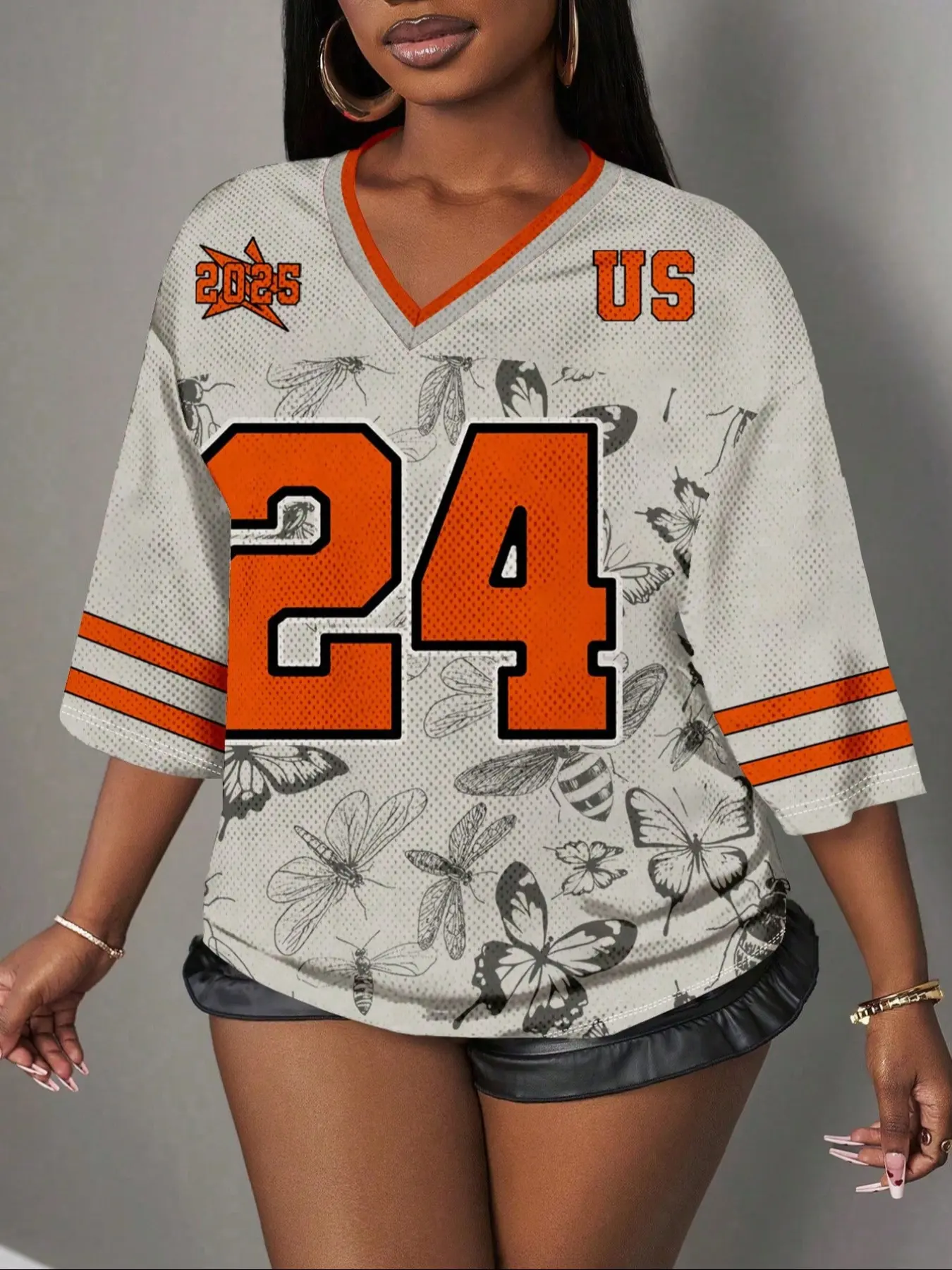 Women's Breathable Mesh Insect Print Baseball Jersey, Baseball Shirt, Stylish Jersey, V Neck Y2K Sweet Cool Streetwear, Festival Daily Fashion Top, Breathable Tops, Streetwear Sport Top