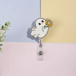 1PC "Funny Ghost Bouquet", name tag holder, ID card holder, key ring with retractable badge roll, Badge Decoration, Badge Accessories, suitable for nurses, doctors, office workers, teachers, for Halloween, as a gift