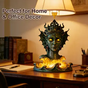 GKV Gothic Sea Goddess LED Night Light, Resin Siren Statue Lamp with Glowing Wave Base, Dark Fantasy Ocean Queen Decor,Obsessed with this dark academia mermaid bust lamp – the warm wave light is pure magic!
