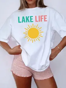 Plus Size - Plus Size - Plus Size Oversized Lake Life Graphic T-Shirt |   TEAL and YELLOW SUNBURST Print Crew Neck Top - Lightweight Summer Shirt for Beach Picnics Everyday Casual Outfits - Machine Washable White Everyday Tee Picnic Attire