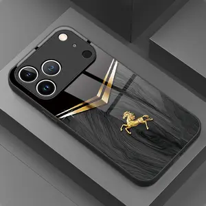 Phone Case - 1pc Black Wood Grain Golden Galloping Horse Pattern HD Glass Phone Case for iphone17 17Air 16 Pro 15 Promax 14 Plus 13 12 11