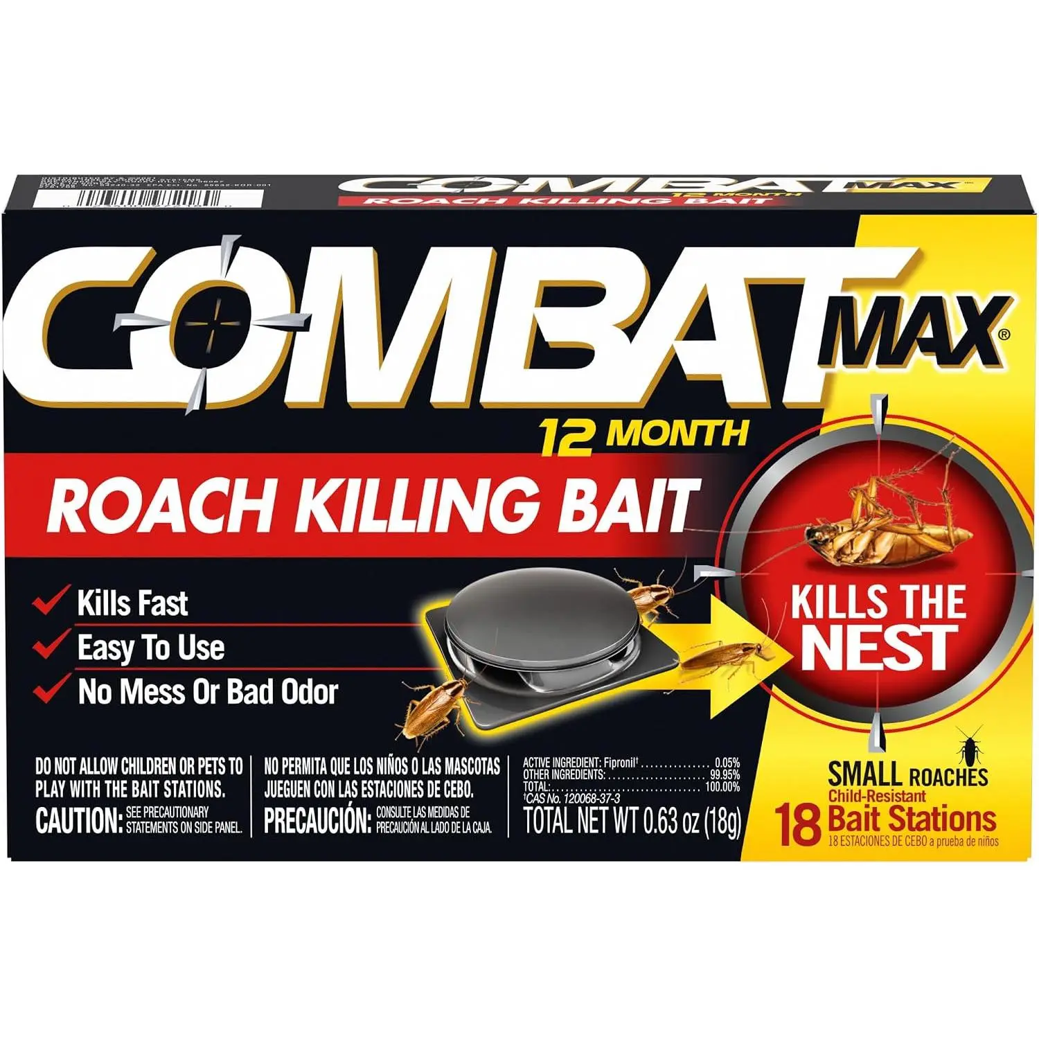 Max 12 Month Roach Killing Bait, Small Roach Bait Station, 18 Count, Child-Resistant, Fast-Acting Fipronil Cockroach Killer & Nest Destroyer, No Vapor, Fumes or Odor, Mess-Free