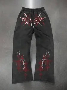Men's Casual Sportswear Long Pants, Cross Thorn Totem Pattern Print, Drawstring Wide Leg Loose Fit, All Seasons Fashion, Drawstring Waist Sweatpants