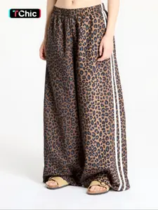 Women's Leopard Print Wide Leg Pants, High Waist Elastic Waistband, Street Style Loose Fit, Casual Summer Home Wear, Party, Casual Streetwear Pants