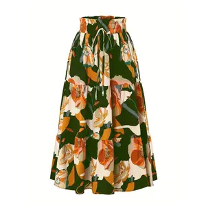 Women'S Floral Print A-Line Skirt with Elastic Waist and Pleated Design - Lightweight Polyester, Perfect for Spring/Summer/Fall, Vibrant Orange, Pink, and Green Floral Patterns, High Waisted Skirt