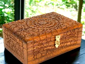 ZEDANU Handmade Wooden Jewelry Box Organizer with Carved Floral Designs - Multipurpose Storage Chest for Earrings, Rings, Watches and More - Perfect Gift for Loved Ones