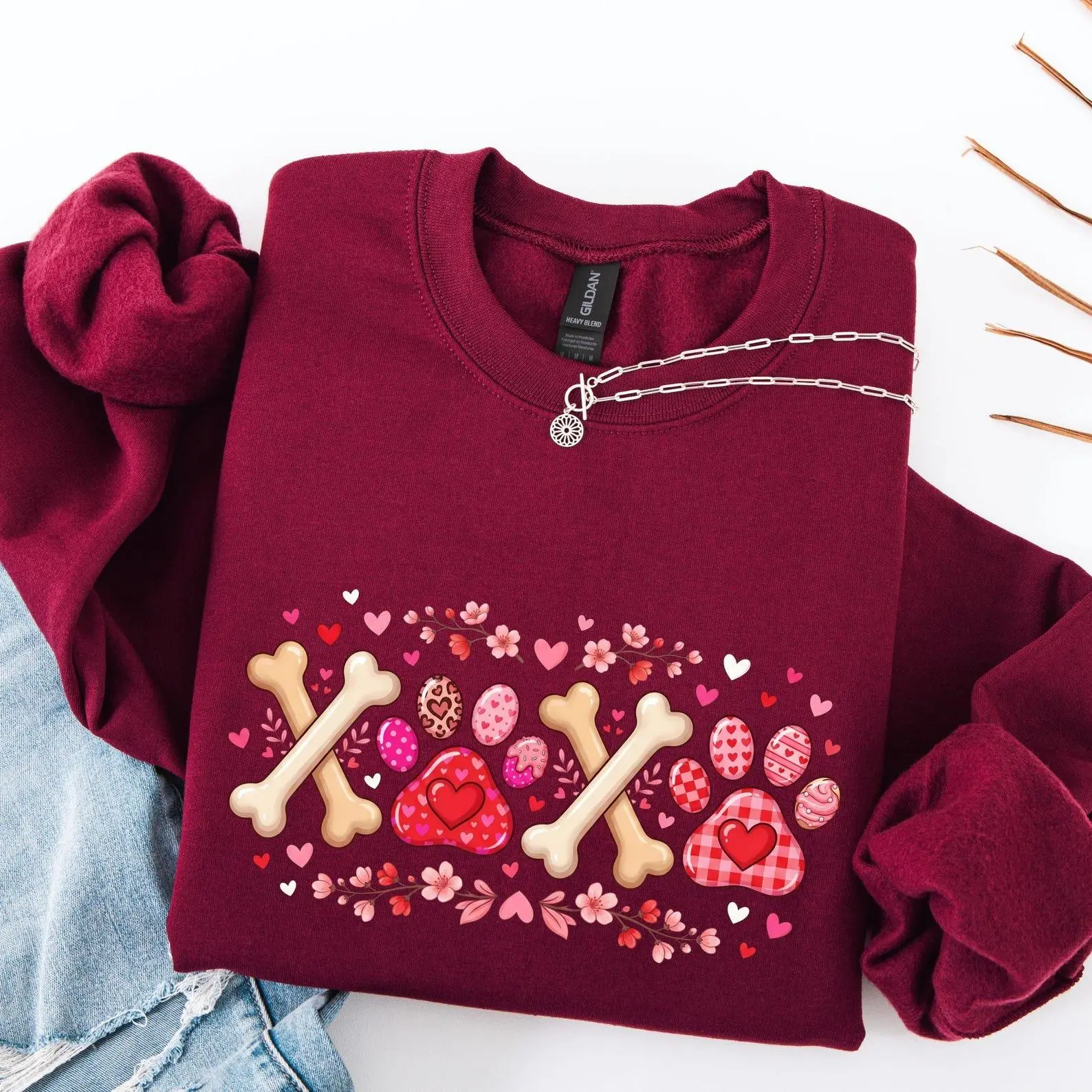 Dog Mom Valentine Sweatshirt, XOXO Puppy Shirt, Heart Paw Print Crewneck, Cute Bone Graphic Top, Vet Tech Gift, Animal Lover Holiday Tee