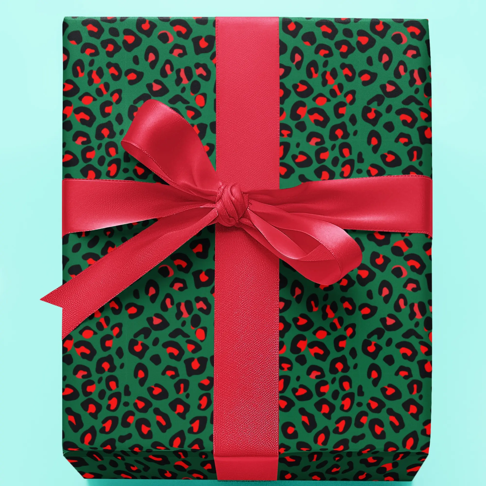 Cheetah Print Christmas Colors Stylish Wrapping Paper Set 90gsm Fine Art 30"x36" Matte/Glossy Unique Gift Wrap for Holidays Birthdays Special Occasions Festive Green with Red Accents