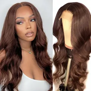 4x4 Lace Closure Human Hair Wig Chocolate Brown Body Wave 150% Density  Pre-Plucked Natural Hairline