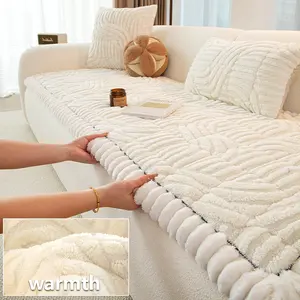 1pc Classic Vintage Geometric Thick Plush Sofa Cover, Sofa Couch Covers, Sofa Slipcover, Boho Plain Wide Edge, Soft Skin-Friendly Non-Slip, Home Decor
