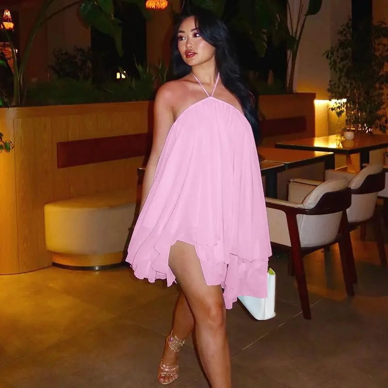 Dreamy Sleeveless Halter Mini Dress with Multiple Layers Solid Color Loose A Line Dress for Women's 2026 Summer Fall New Arrival Casual Elegant Outfit Parties & Dates, Feminine & Trendy Gown Dresses