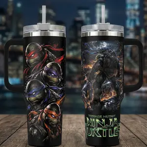 Ninja Turtles Squad 40oz Insulated Tumbler with Handle,TMNT 20oz Tumbler No Handle 90s Mutant Brothers Travel Mug, Martial Arts Turtle Double Printed Vacuum Flask, Gift for Movie Fans, Heavy Duty Stainless Steel Cup with Straw