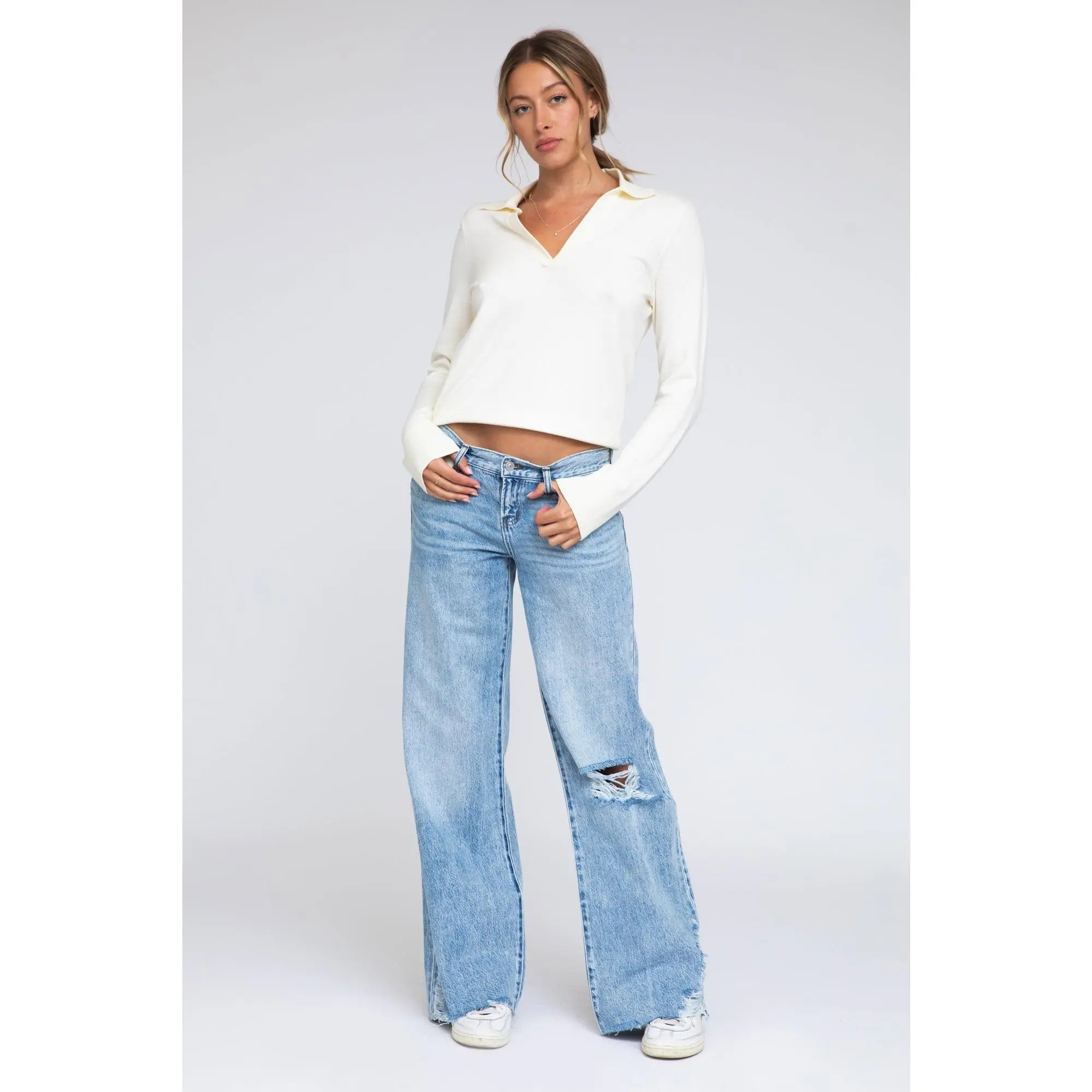Ashley Classic Rise Distressed Baggy Jeans - Light Medium Indigo
