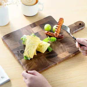 Bill.F Acacia Wood End-Grain Cutting Board, 13.8" x 9.6" Butcher Block with Handle, Non-Slip Wooden Serving Board for Kitchen, Charcuterie & Meal Prep