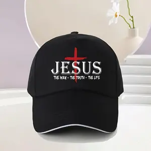 Jesus The Way, The Truth, The Life" Adjustable Baseball Cap - Lightweight Sun-Protective Polyester Hat with Premium Printing, Black with White Text & Cross Design, Hand Washable, Ideal for Outdoor Activities