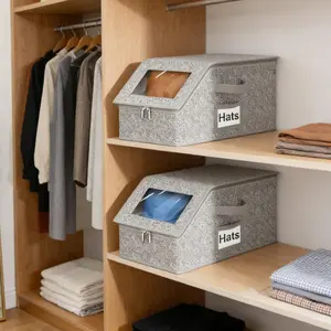 Stackable Hat Organizer for Baseball Caps, Hat Storage with Clear Window Lid, Holds up to 12 Ball Cap Storage Organizer, Foldable Hat Box Holder with Cardboard, for Closet Bedroom Shelf,Dustproof Baseball Cap Organizer with 2 Handles for Home Travel