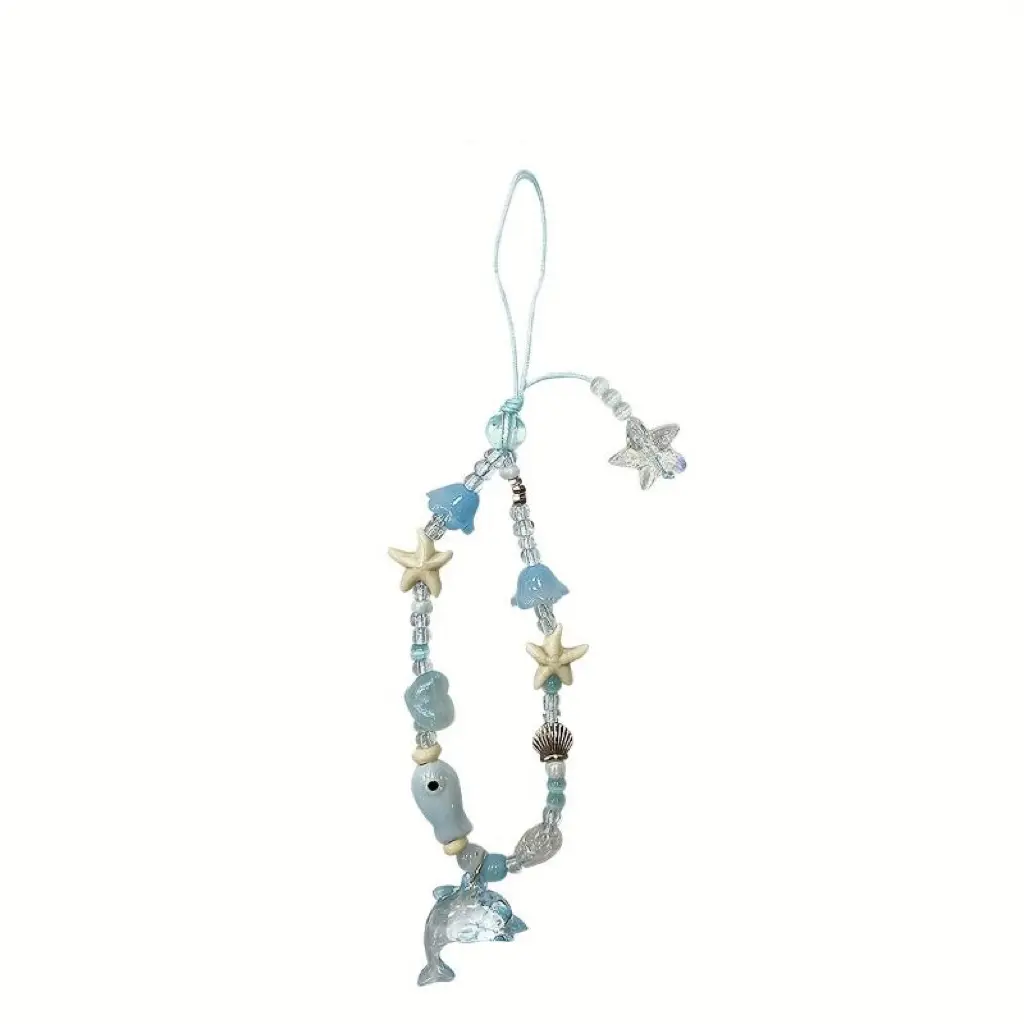 Women's Cute Aesthetic Ocean Cartoon Cellphone Chain Charm Wrist Strap - Light Blue & White, Starfish & Seashells - Whimsical Beach Pool Party Lanyard Keycord Accessories, Phone Accessories
