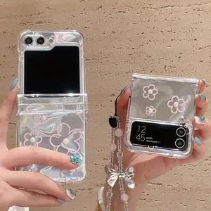 Pearl Flower Case for Samsung Galaxy Z Flip 3 4 5 6 7 5G Flip6 Flip5 Protect Lovely Flip7 3-PIECE Set Hinge Fashion Cover Korea