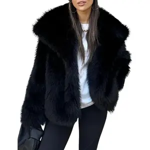 Womens Faux Fur Coat Lapel Open Front Fluffy Shaggy Jacket Winter Warm Furry Overcoat