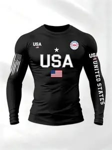 Men's Long Sleeve Street Style T-Shirt with American Flag Letter Print, Fitted Sporty Fashion Top for Spring & Fall, Casual Wear in Multiple Colors