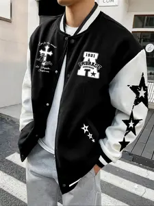Men's Baseball Jacket Coat, Letter & Star Print Design, Polyester Fabric, Casual Style, Fall Winter Wear