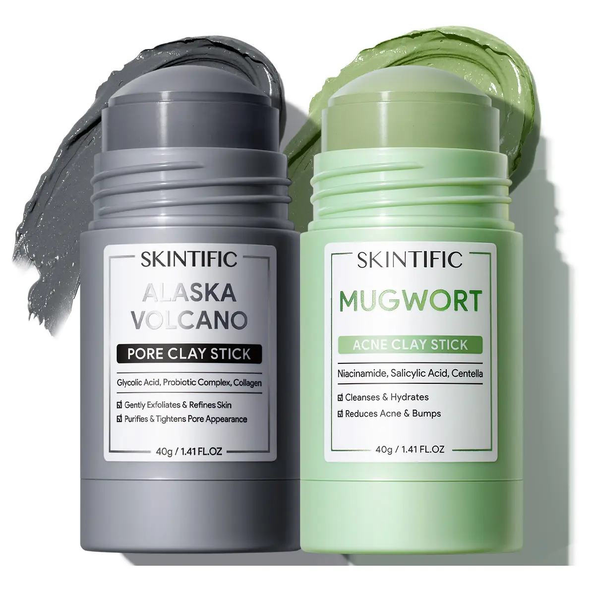 SKINTIFIC Clay Stick 2PCS Combo – Mugwort Clarifying / Volcano Detox / Bright Boost Even Tone Deep Pore Cleansing Oil Control Non-Stripping
