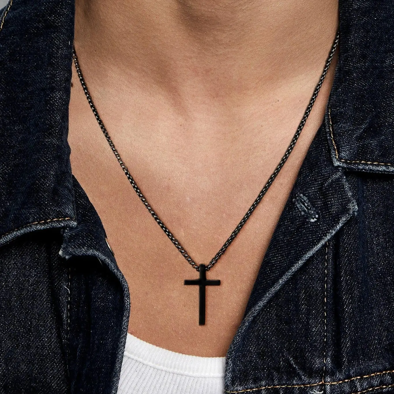 MIDEEO Men's Silver Black Stainless Steel Cross Necklace, Box Chain, Black Cross Design, Minimalist Birthday Gift, Sturdy Daily-Wear Fashion Accessory, Black Cross Design Necklaces