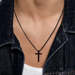 MIDEEO Cross Necklace for Men Silver Black Stainless Steel Plain Cross Pendant Necklace Box Chain Modern Versatile Accessories