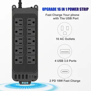 Surge Protector Power Strip with 10 Outlets & 6 USB Ports – USB C Charging Station, Flat Extension Cord 4ft, Compact for Home Office Travel Dorm
