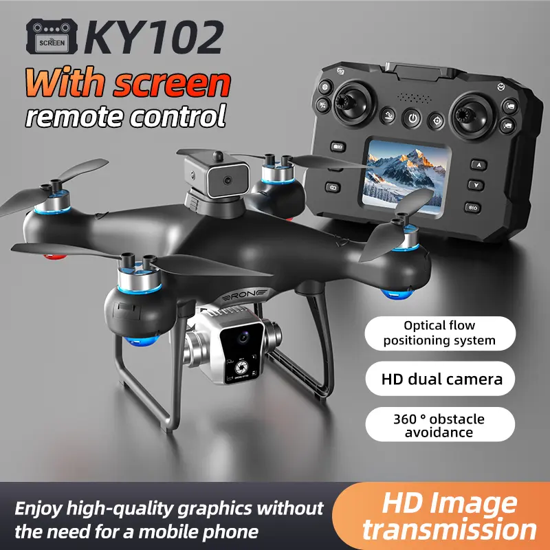 KY102 Drone with Screen Remote Control, 1080P HD Dual Camera, Brushless Motor, 360° Obstacle Avoidance, Optical Flow Positioning, Foldable Quadcopter with Carry Case for Adults, Beginners and Kids