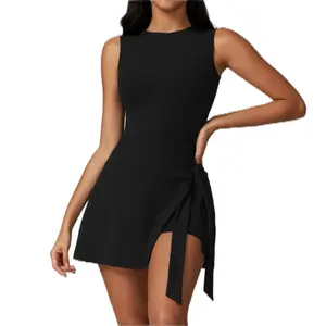 Women's Fitness Spandex Track Suite Skirt - Black Sleeveless with Side Tie Detailing for Workout Wear Mocha brown and black in stock