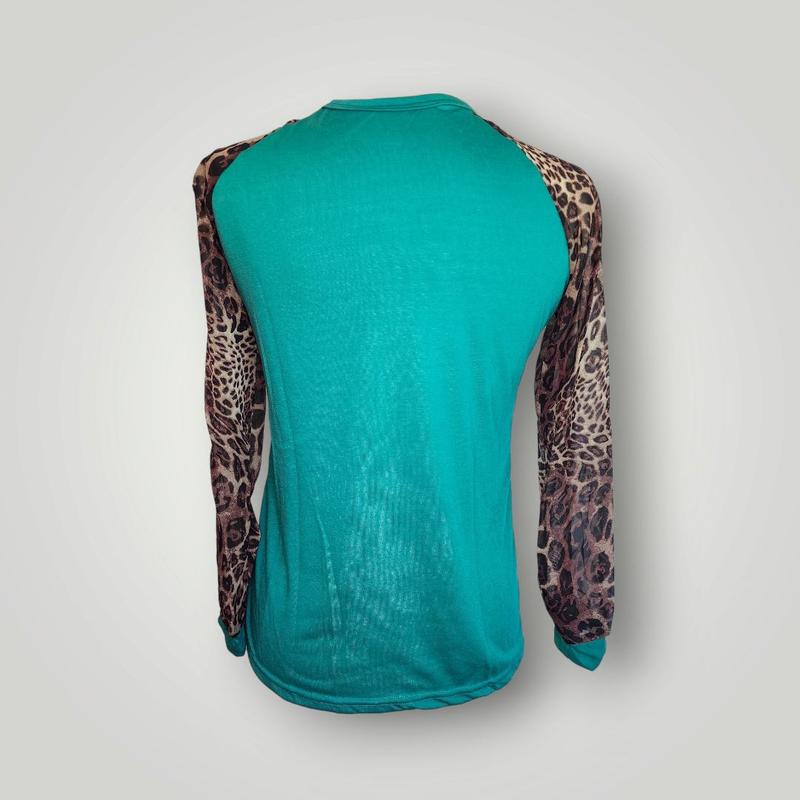 Sammie Jo Green Leopard Chiffon Shirt Long Sleeve Top Womenswear Blouse Lady Sleeve Shirt Fashion Round Neck Longsleeves Summer Comfort Casual long  sleeve  shirt  women