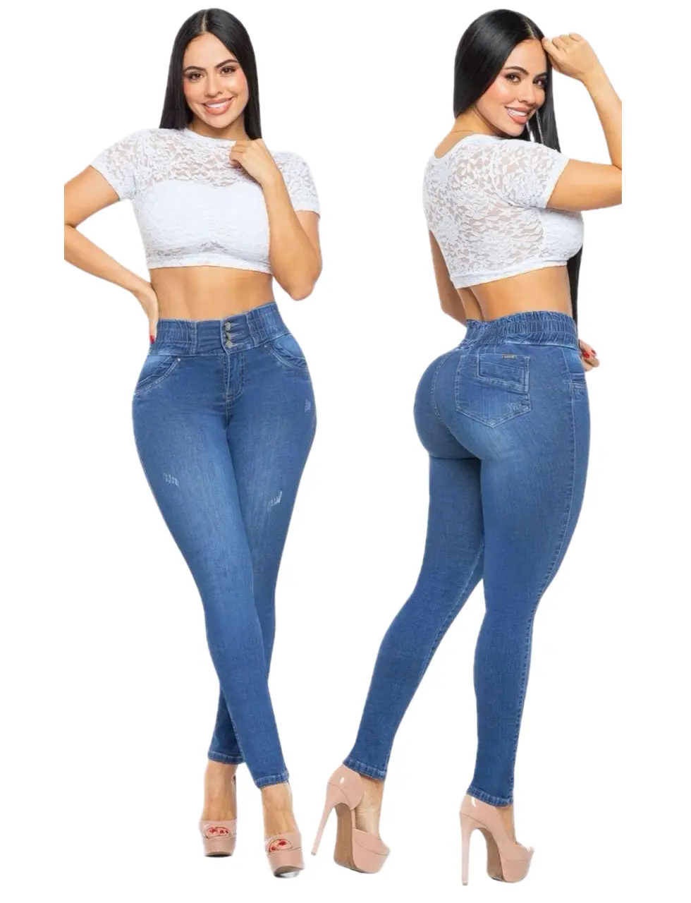 DM Shapewear - 3 button Faded denim High Waist abdomen Control Push up Jeans 7208