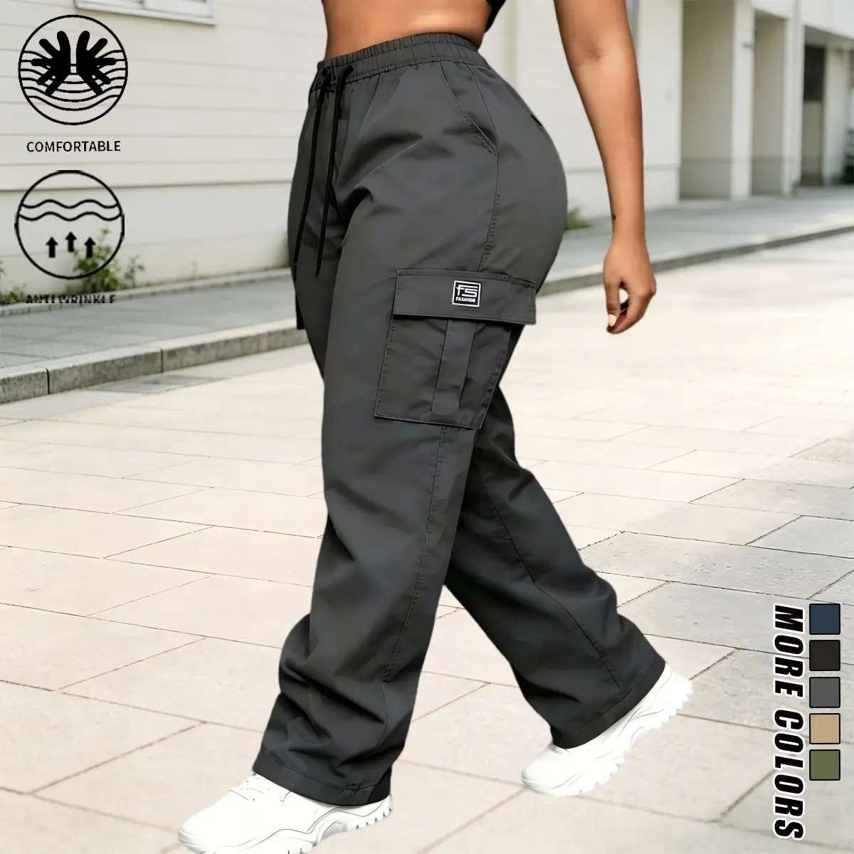 Women’s wide-leg cargo pants featuring an adjustable elastic waistband with drawstring, flap cargo pockets with brand label, stitched side entry pockets, and a static-resistant, structured, lightweight, durable polyester fabric. Ideal for dog walks, coffe