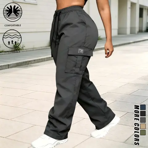 Women’s Oversized Baggy Basic Wide-Leg Cargo Pants - Adjustable Elastic Waistband with Drawstring, Flap Cargo Pockets with Brand Label, Stitched Side Entry Pockets, Static-Resistant Lightweight Durable Polyester Bottoms, Ideal for Dog Walks, Coffee Runs