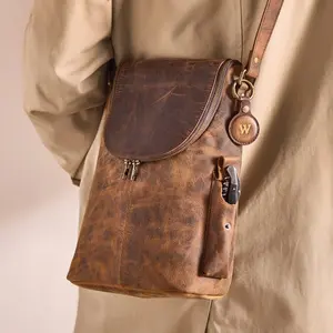 Full Grain Buffalo Leather 2-Bottle Crossbody Bag