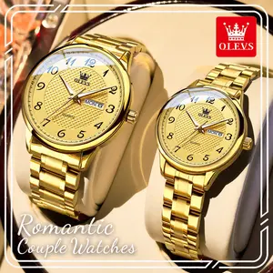 OLEVS 5667 Romantic Matching Couple Quartz Watches, Men 41mm & Women 30mm Textured Large Number Dial, Day & Date Dual Display, Luminous Hands Waterproof Stainless Steel Wristwatch Set, Ideal Anniversary & Birthday Gift for Lovers