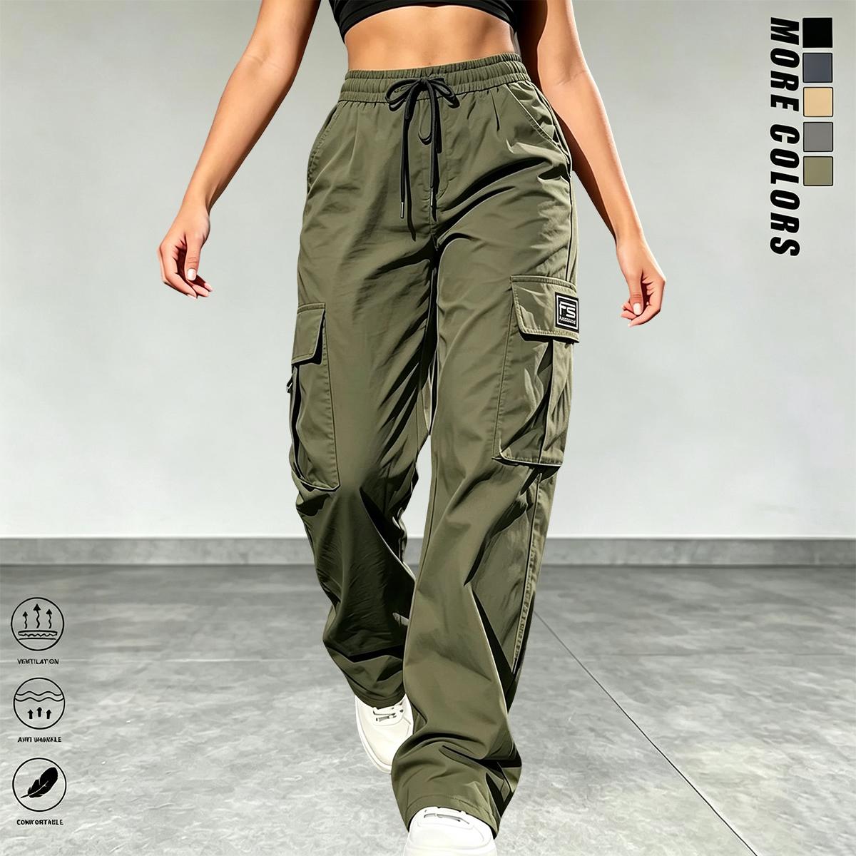 3PCS women’s cargo pants: casual, elastic waist, Bohemian minimalist basic women’s pants with pockets; suitable for summer outfits, vacations, and beachwear; sporty casual style; comfortable loose fit; casual drawstring high-waist pants; loose, comfortabl