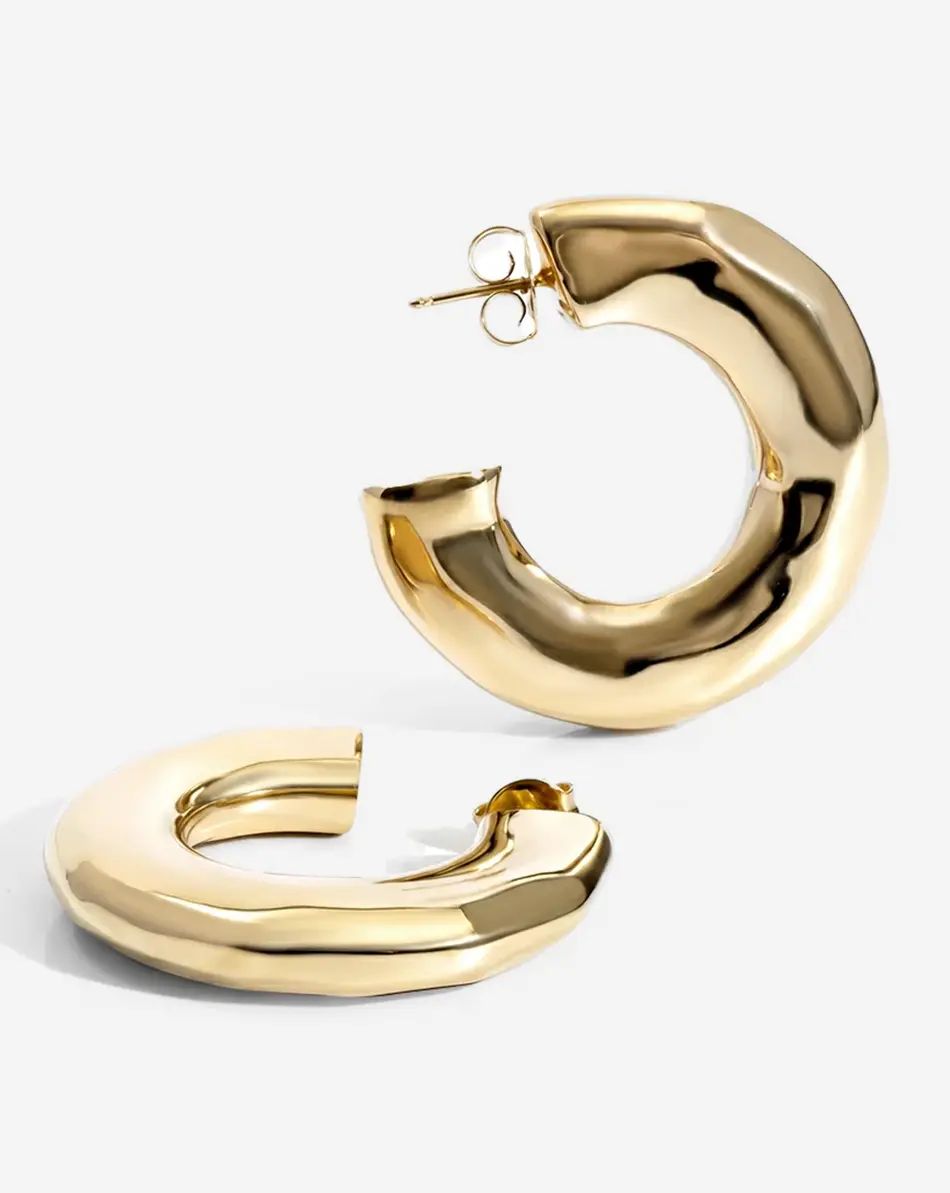 Emma Hammered Open Hoop Earrings - Gold Statement, Chunky Gold Hoop, Lightweight, High-Polish Textured Finish, Silver Costume Jewelry